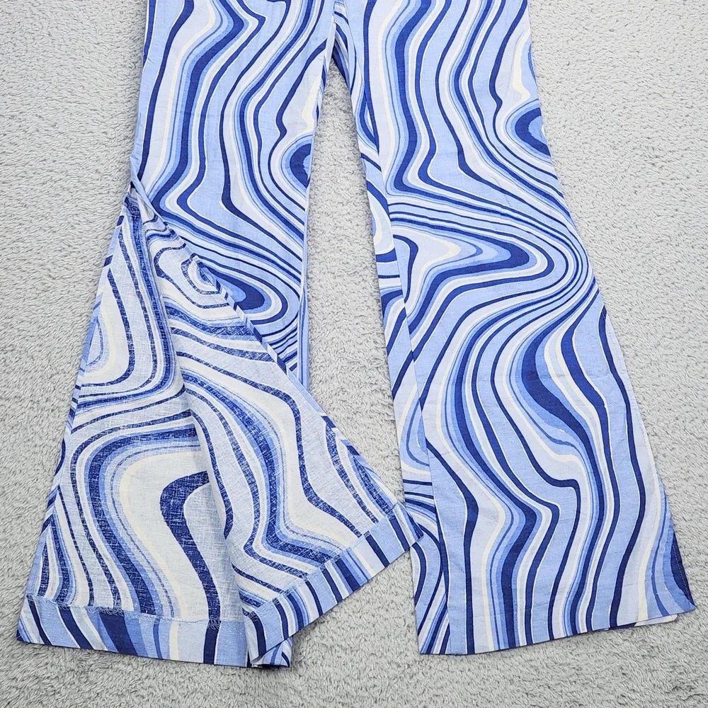 ZARA Womens Linen Blend Pants Sz S Split Hem Blue White Swirl Print Retro Wide